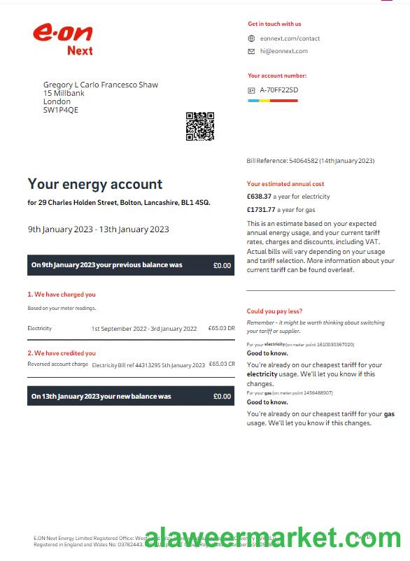 UNITED KINGDOM E-ON utility bill Word and PDF template